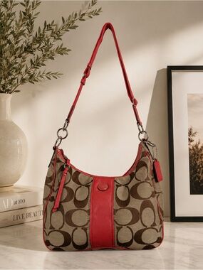 Coach Signature Stripe Hobo Bag Khaki Brown Canvas & Coral Leather Shoulder Bag
